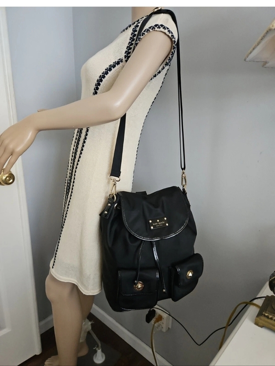 kate spade Convertible Black Nylon & Patent Leather Drawstring Backpack - Picture 12 of 13
